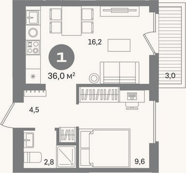 Планировка: 1-к, 33 м²