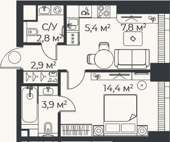 Планировка: 2-к, 37,3 м²
