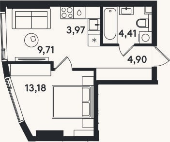 Планировка: 2-к, 36,2 м²