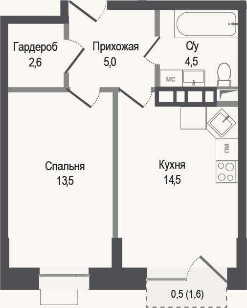 Планировка: 1-к, 40,1 м²