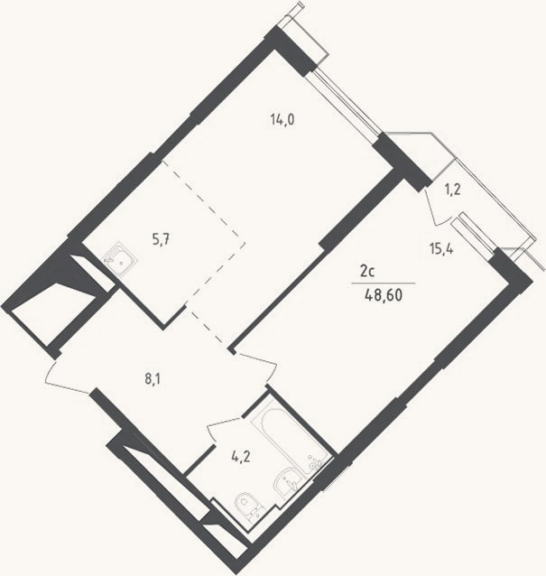 Планировка: 2-к, 47,4 м²