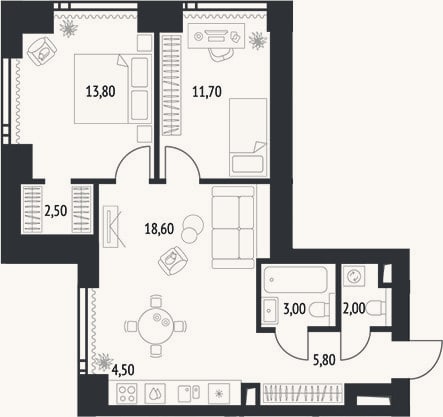 Планировка: 3-к, 64,7 м²