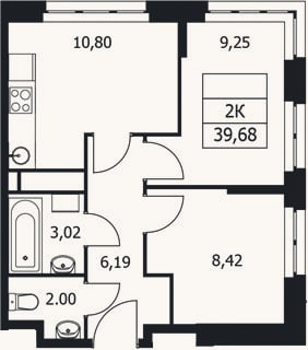 Планировка: 2-к, 39,7 м²