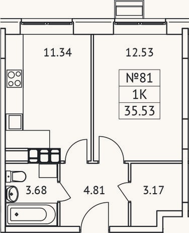 Планировка: 1-к, 35,5 м²