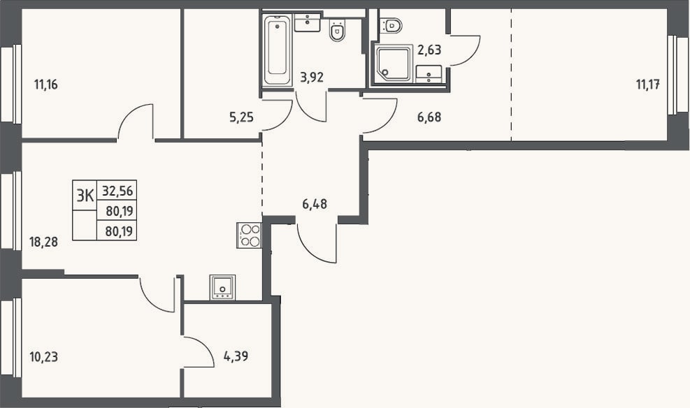 Планировка: 3-к, 80,2 м²