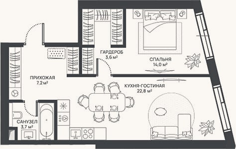 Планировка: 2-к, 51,3 м²