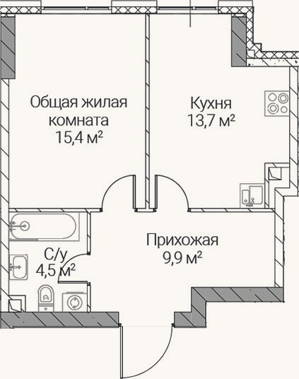 Планировка: 1-к, 43,5 м²
