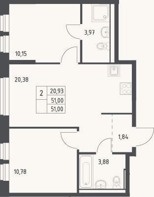 Планировка: 3-к, 51 м²