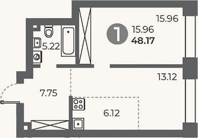 Планировка: 1-к, 48,2 м²