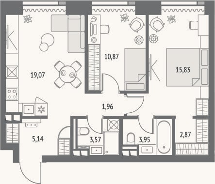 Планировка: 3-к, 64,2 м²