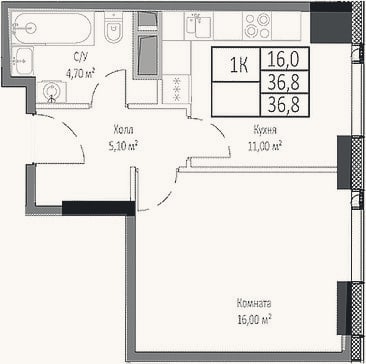 Планировка: 1-к, 36,8 м²