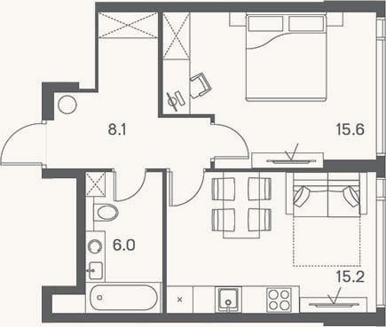 Планировка: 1-к, 44,9 м²