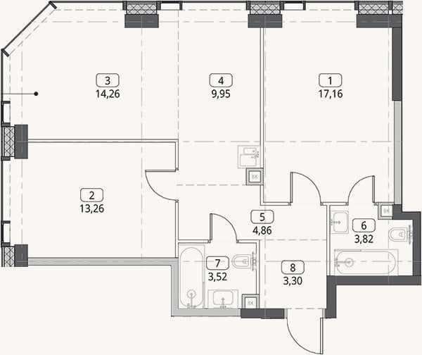 Планировка: 3-к, 70,1 м²