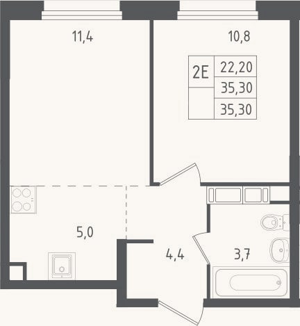 Планировка: 2-к, 35,3 м²