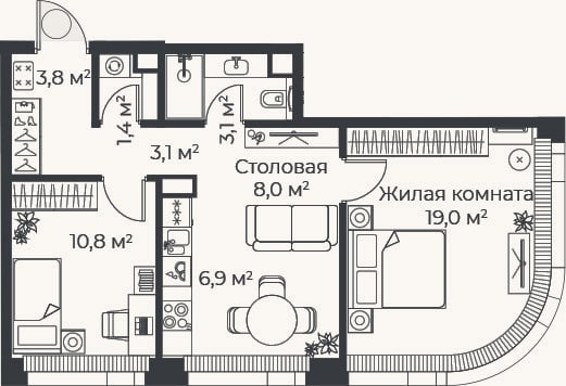 Планировка: 3-к, 56,1 м²