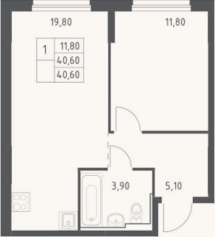 Планировка: 2-к, 40,6 м²