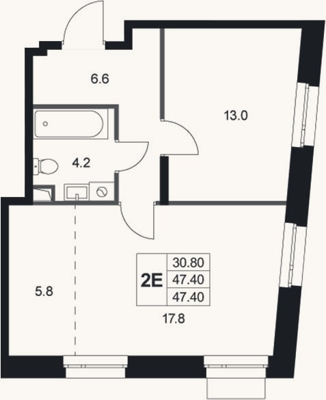 Планировка: 2-к, 47,4 м²