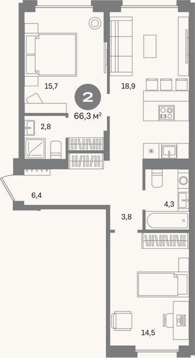 Планировка: 2-к, 66,3 м²