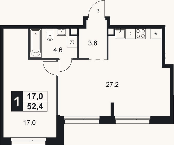 Планировка: 1-к, 52,4 м²