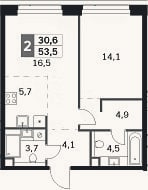 Планировка: 2-к, 53,5 м²