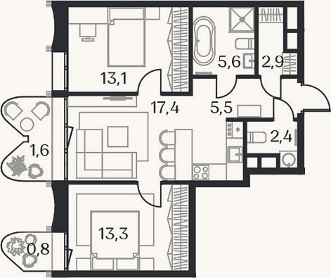 Планировка: 3-к, 60,2 м²