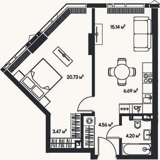 Планировка: 2-к, 54,8 м²