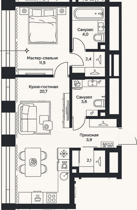 Планировка: 2-к, 48,2 м²