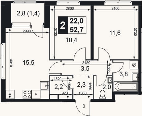 Планировка: 3-к, 51,3 м²
