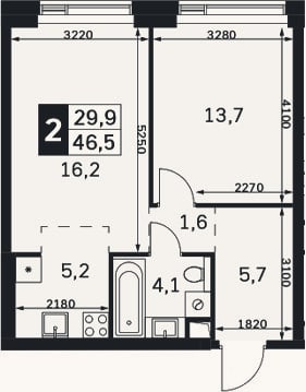 Планировка: 2-к, 46,5 м²