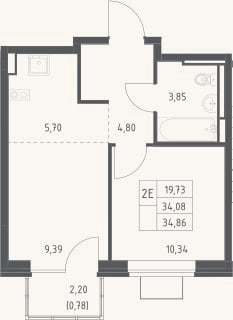 Планировка: 2-к, 34,1 м²