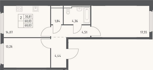 Планировка: 2-к, 60 м²