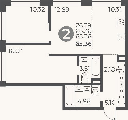 Планировка: 2-к, 65,4 м²