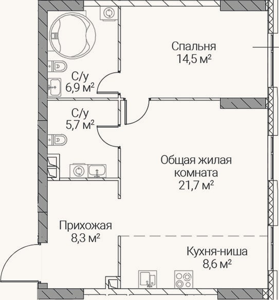 Планировка: 2-к, 65,7 м²