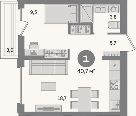 Планировка: 1-к, 37,7 м²