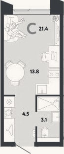 Планировка: Студия, 21,4 м²