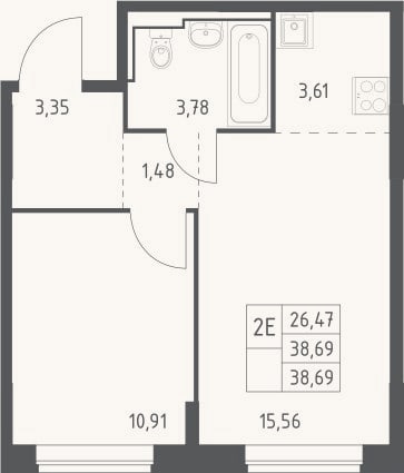 Планировка: 2-к, 38,7 м²