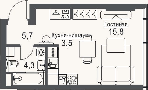 Планировка: Студия, 28,8 м²
