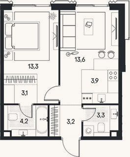 Планировка: 2-к, 44,6 м²