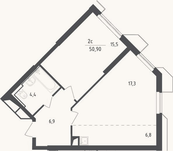 Планировка: 2-к, 50,9 м²