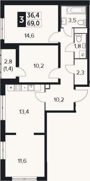 Планировка: 3-к, 69,1 м²
