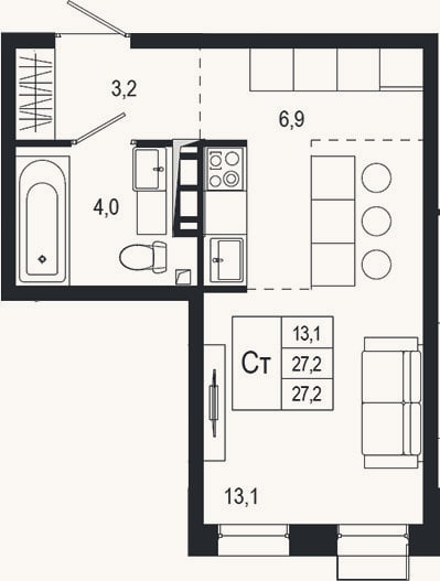 Планировка: Студия, 27,2 м²