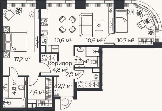 Планировка: 3-к, 72,2 м²