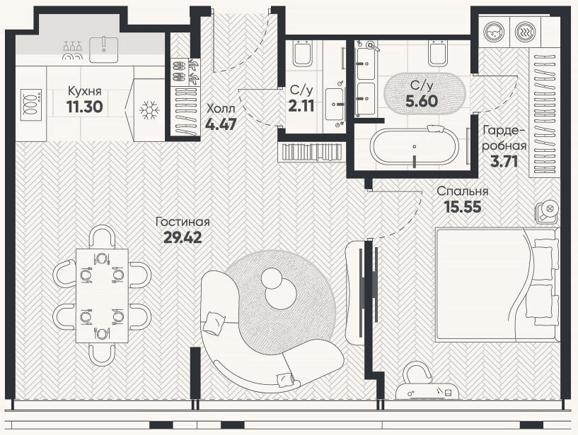 Планировка: 2-к, 71,3 м²