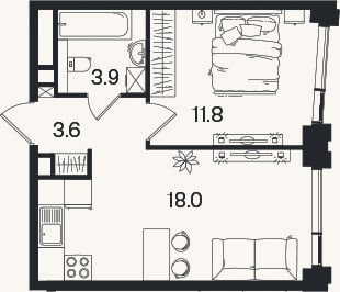Планировка: 2-к, 37,3 м²