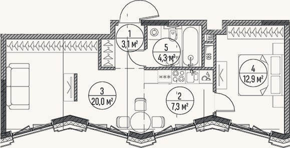 Планировка: 2-к, 47,6 м²