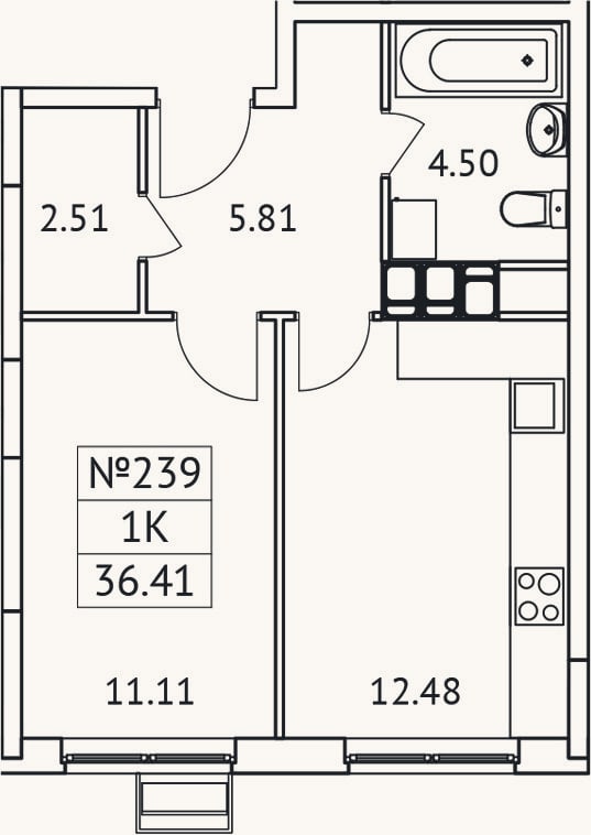 Планировка: 1-к, 36,4 м²