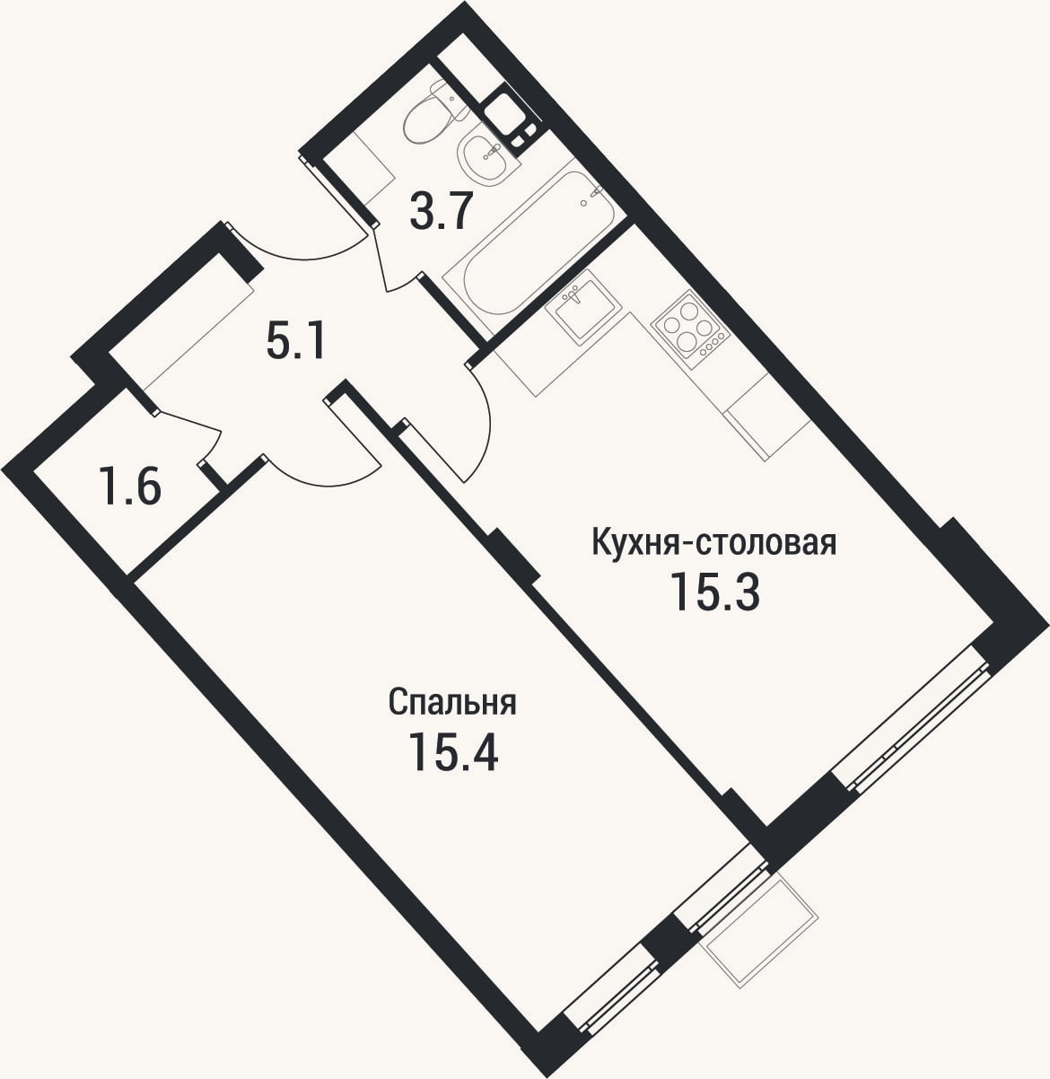 Планировка: 1-к, 41,1 м²