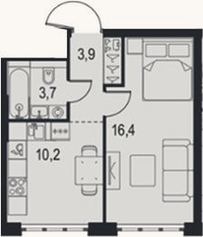 Планировка: 1-к, 34,2 м²