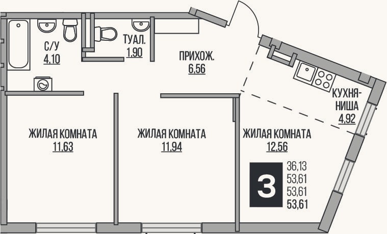 Планировка: 3-к, 53,6 м²