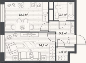 Планировка: 1-к, 37,4 м²